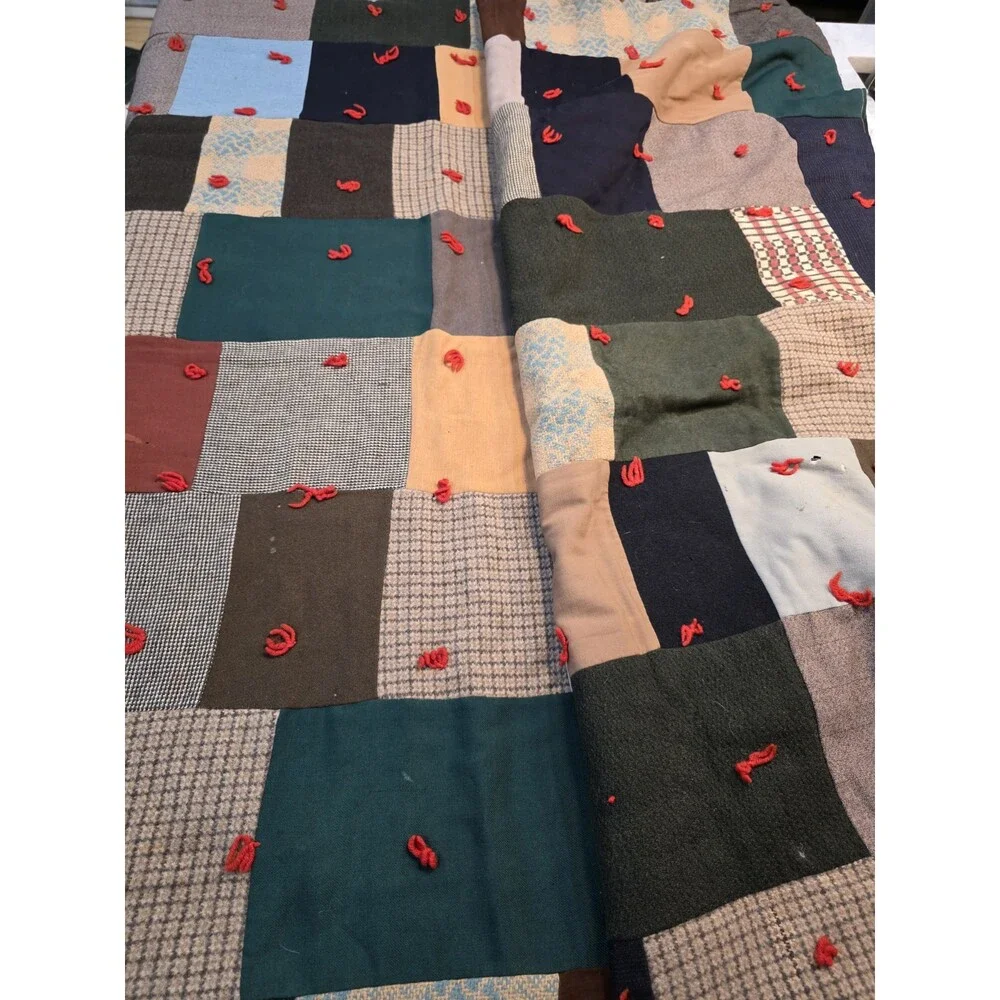 Vintage Handmade Wool Tied Patchwork Quilt 64x84 Plaid Houndstooth Suiting